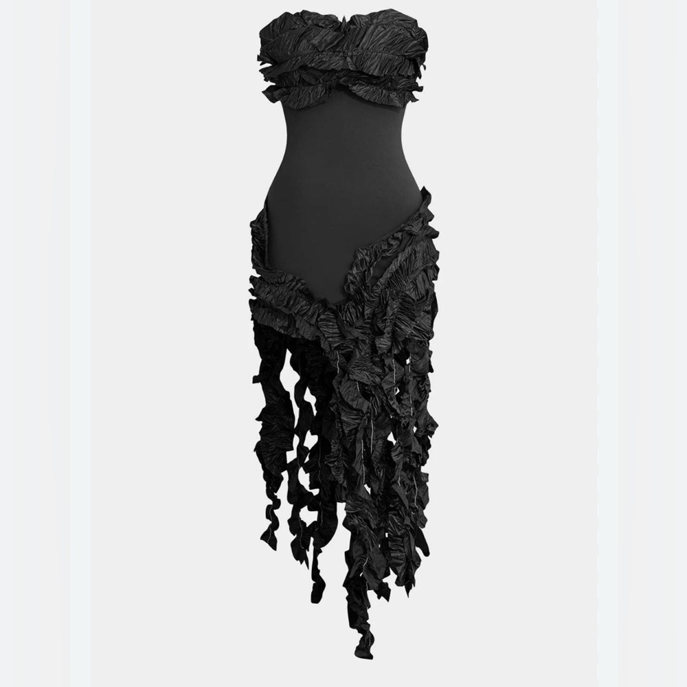 Nova Luxe Elegant Black Ruffled fringe strapless midi Dress size 1X